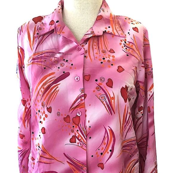Susan Graver Vintage Button Up Blouse In Pink With Hearts - Picture 1 of 6